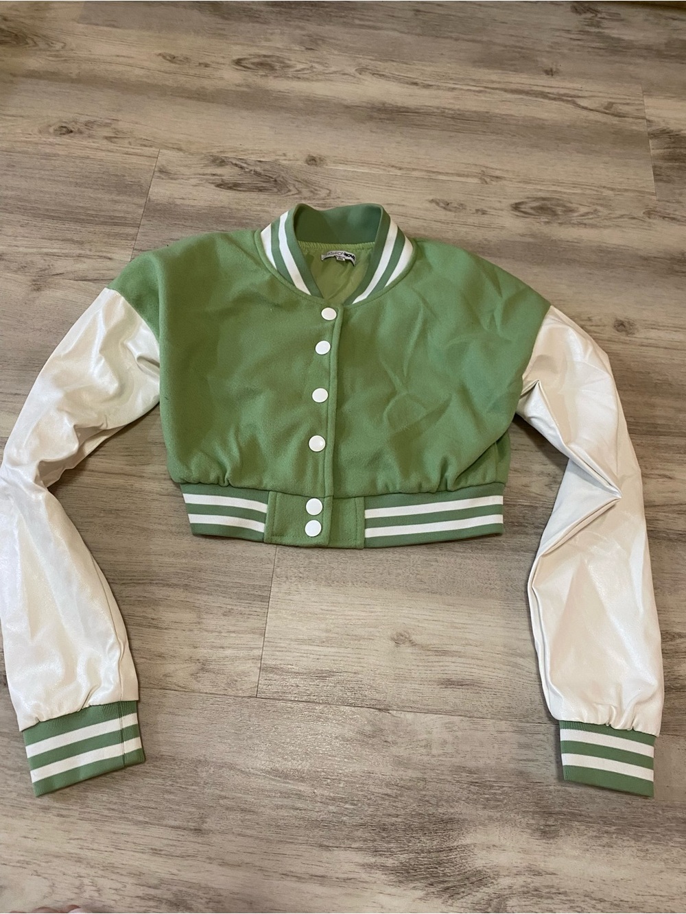 Fashion Nova Cropped Green and White Varsity Bomber Jacket- NWOT
